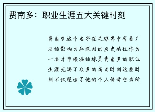 费南多：职业生涯五大关键时刻
